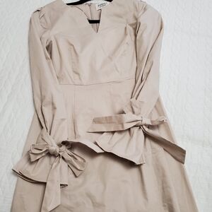 EVIDNT Beige cotton breathable long sleeve midi dress with statement bow sleeve